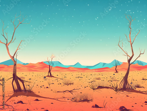 Serene Desert Landscape Under Starry Sky: Vibrant Twilight Colors, Arid Terrain, Sparse Vegetation, Twisted Trees, and Distant Mountains in Detailed Digital Artwork Capturing Vastness photo