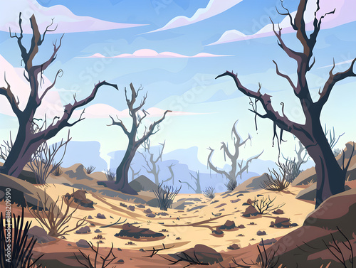 Stunning of a Post-Apocalyptic Barren Landscape with Desolate Terrain  Twisted Dead Trees  and Rugged Rocky Outcrops Under a Clear Blue Sky with Wispy Clouds
