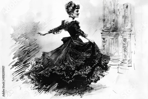 elegant lady in flowing victorian gown dancing at royal ball vintage illustration photo