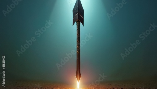 A solitary, ornate arrow embedded in the ground, glowing at its tip under dramatic spotlighting, creating a mystical atmosphere. photo