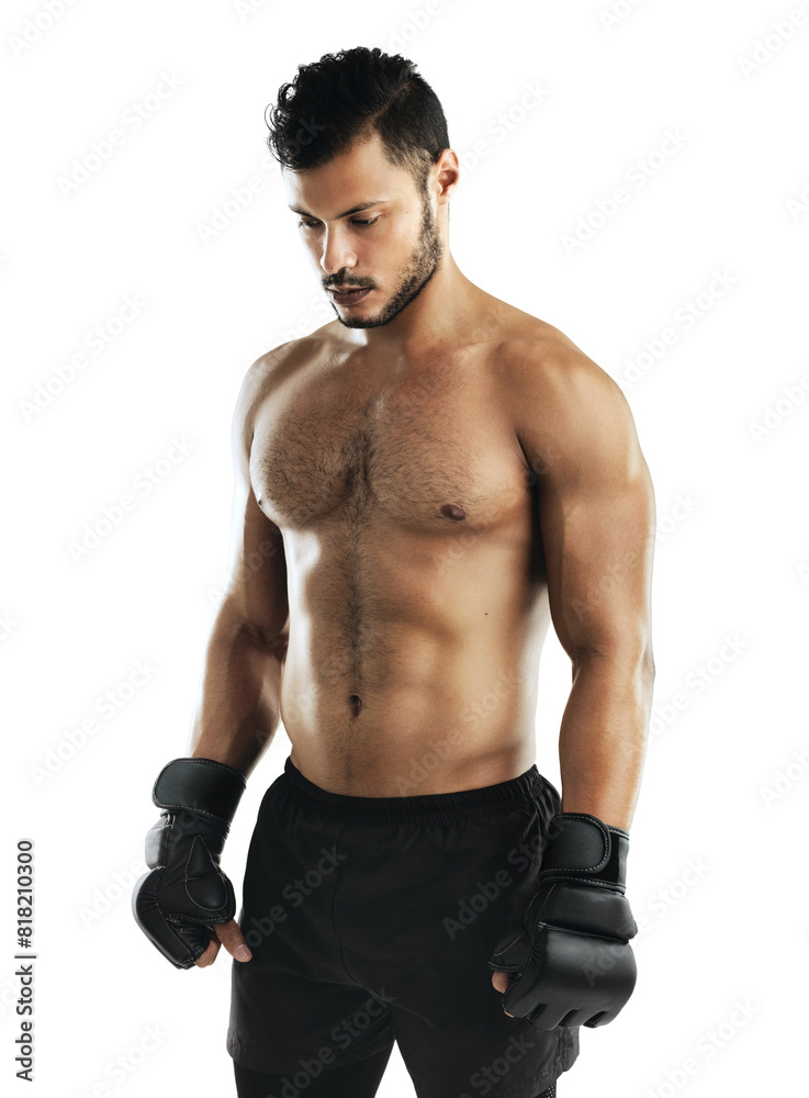 Athlete, studio and gloves for boxing, fitness and prepare for workout or fight training. Man, body or muscle for power, exercise and sport for strong health and wellness isolated on white background