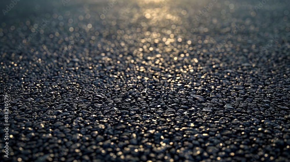 A close up of a black road with gravel.