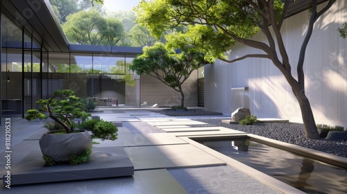 A serene Zen garden with lush trees, a small pond, and stone paths bathed in soft sunlight. The peaceful setting includes modern architectural elements and thoughtfully arranged greenery.