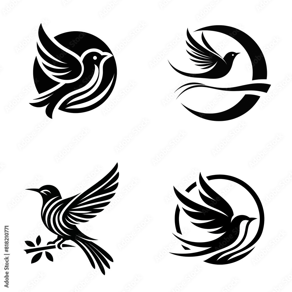 Set of minimalist birds logo silhouettes on white background