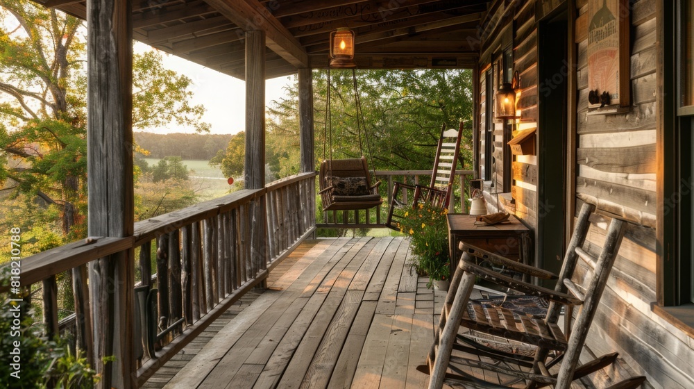 Two rocking chairs sit on the porch of a rustic log cabin. The chairs face outwards, inviting relaxation in a rural setting.
