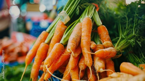 A bunch of carrots are on display at a market. photo