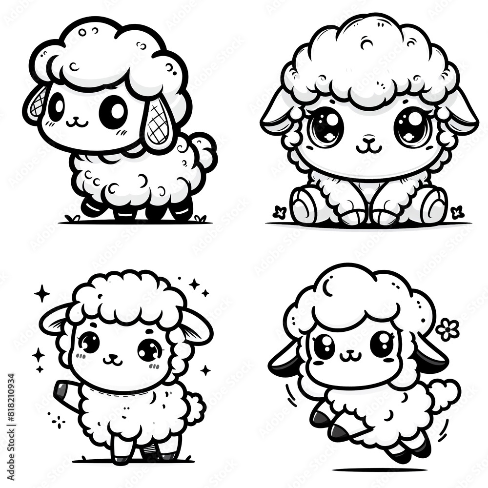 Cartoon of sheeps with simple lines for children to color book pages. Drawing for vectorization Cartoon of sheeps with simple lines for children to color book pages. Drawing for vectorization