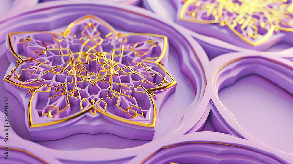 Lavender and Gold Geometric Design A 3D realistic geometric Islamic design in lavender and gold, featuring intricate and symmetrical patterns on a lilac background.