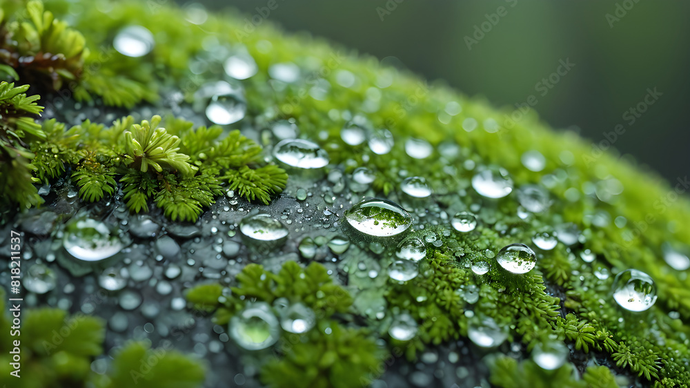 Macro Raindrop on Rainforest Lichen with Unique Texture Macro Raindrop on Rainforest Lichen with Unique Texture