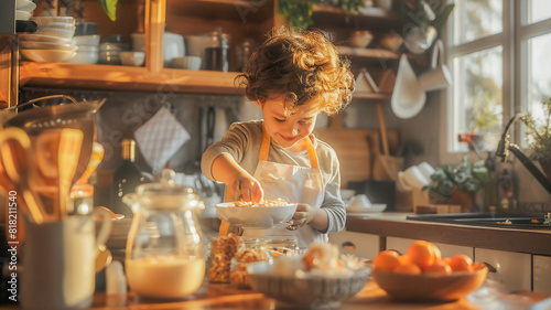 Kid making easy breakfast in kitchen by themselves .