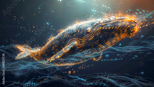 Fantasy scene whale swim through data ocean .