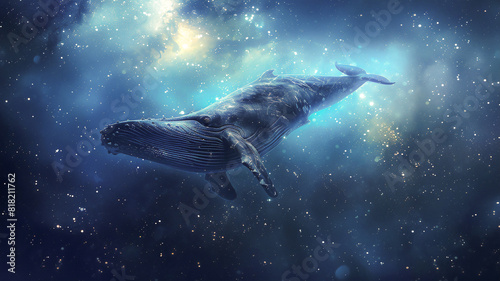 Fantasy scene whale swim in star ocean .