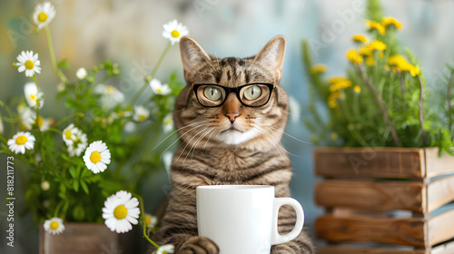 A funny cat with coffee and a cute bouquet of summer flowers.	