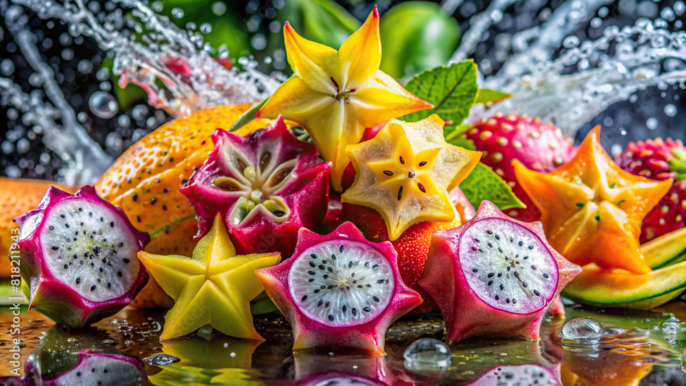 An exotic arrangement of sliced dragon fruit and star fruit, with water splashes enhancing their vibrant colors.