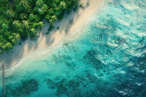 Aerial view of tropical island with sandy beach and palm trees