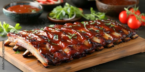 Succulent BBQ ribs with savory sauce classic sides popular comfort food. Concept BBQ Ribs, Savory Sauce, Classic Sides, Comfort Food, Succulent Dish photo
