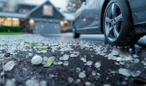 A car is pelted with hail in the driveway of a suburban home as it is parked in the driveway. A hailstorm, low angle, hail stones on the ground, hail damaged house and car, weather