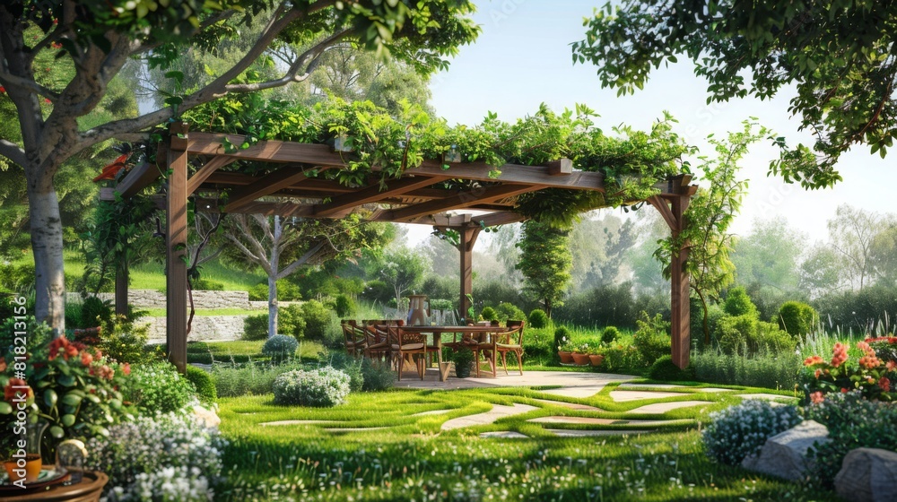 A beautiful summer afternoon in lush garden featuring wooden pergola adorned with climbing vines and cozy seating area surrounded by vibrant greenery
