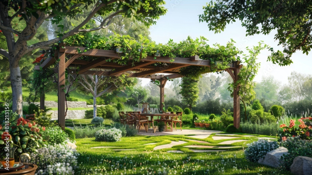 A beautiful summer afternoon in lush garden featuring wooden pergola adorned with climbing vines and cozy seating area surrounded by vibrant greenery A beautiful summer afternoon in lush garden featuring wooden pergola adorned with climbing vines and cozy seating area surrounded by vibrant greenery