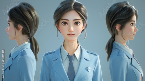 3d rendered illustration of an animated female news anchor character displayed in front, side, and threequarter views against a neutral backdrop photo