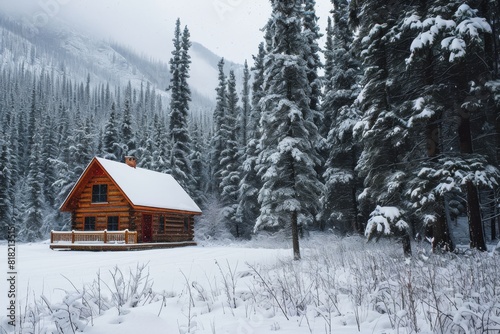 A peaceful cabin  during snowfall, A cozy cabin nestled in the middle of a snowy forest, AI-generated © Tanu