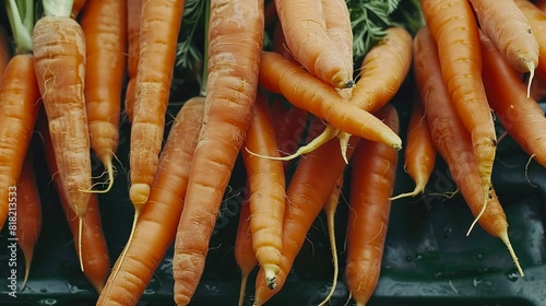 A bunch of carrots are piled up on a table. photo