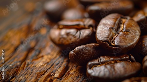 Coffee beans on a wooden table.