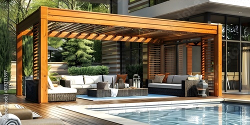 Luxurious outdoor space with teak deck pergola pool and stylish furniture. Concept Luxury Outdoor Living, Teak Deck Design, Pergola Pool Oasis, Stylish Outdoor Furniture photo