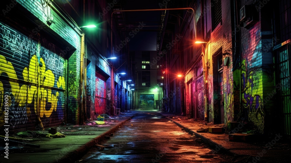 Luminous neon lights illuminating dark alley Luminous neon lights illuminating dark alley