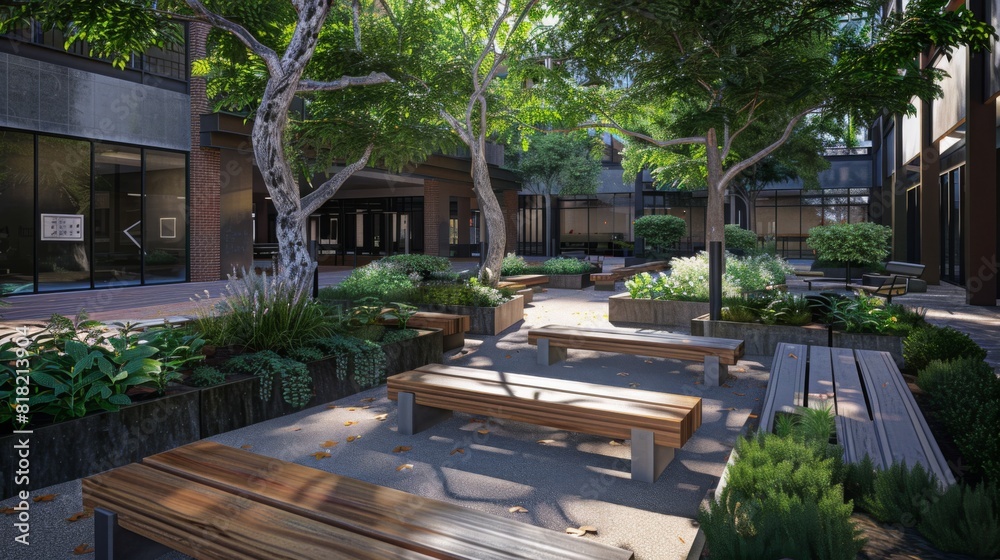 A serene urban courtyard featuring wooden benches surrounded by lush greenery, trees, and plants, bathed in daylight.