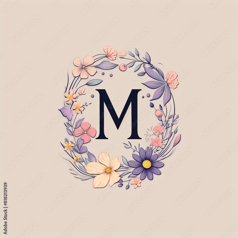 Beautiful floral letter M. Floral font. Vector illustration.