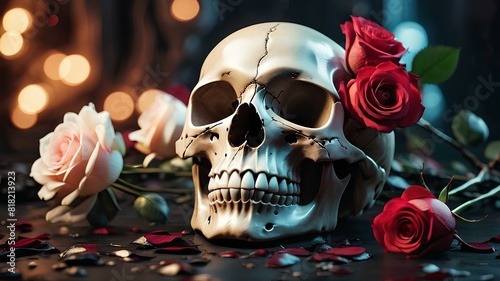 Fototapeta Naklejka Na Ścianę i Meble -  Illustration, Broken Human skull decorated by red roses. Abstract wallpaper