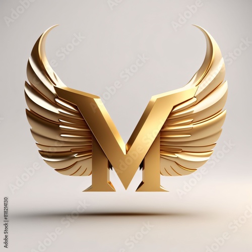 Golden letter M uppercase. 3D rendered font with golden wings isolated on white background. photo