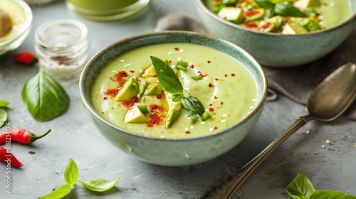 Creamy Avocado Soup with basil leaves, healthy dish