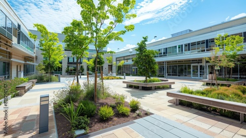 Benches and trees in a courtyard of an office building, providing a green space for relaxation and socializing.