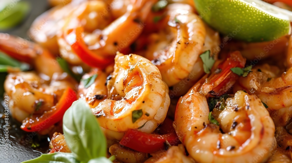 garlic basil fried shrimp with lime, healthy mouthwatering close up dish garlic basil fried shrimp with lime, healthy mouthwatering close up dish