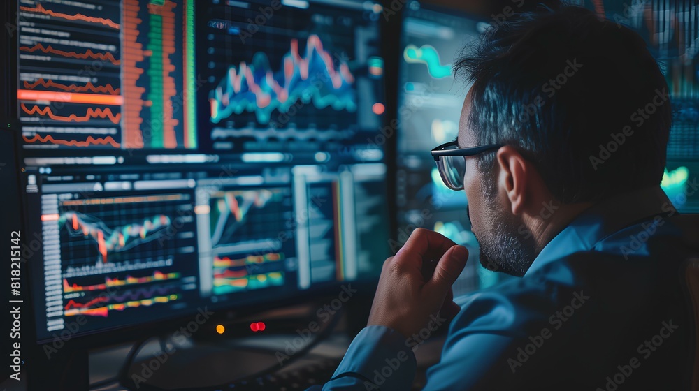 Analyzing Business Data: Businessman at Office Working on Computer with Graphs and Diagrams Analyzing Business Data: Businessman at Office Working on Computer with Graphs and Diagrams