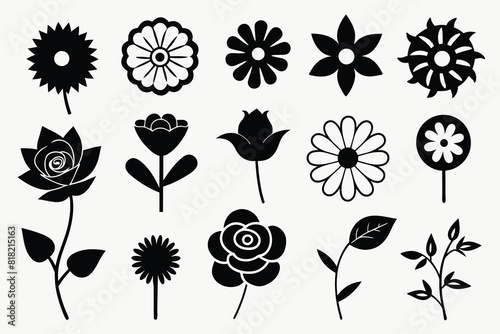 Single flower doodles drawing vector illustration. Spring flower outline set including a rose, sunflower daisy, hibiscus, peony, camellia photo