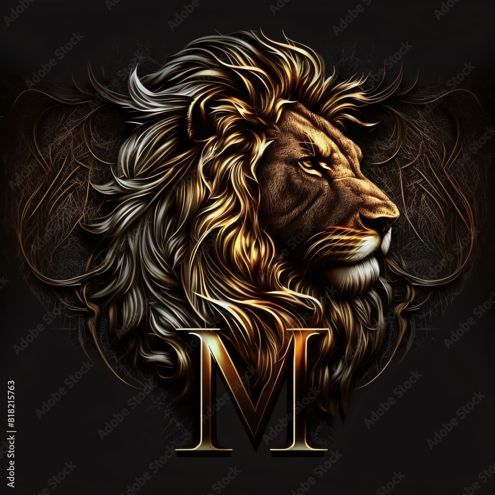 Lion head with letter M on black background. Vector illustration.
