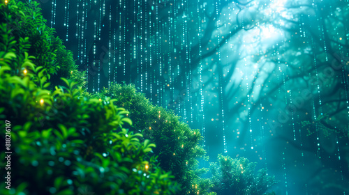 Lush green foliage illuminated by digital data streams, depicting a serene, futuristic virtual world creation scene