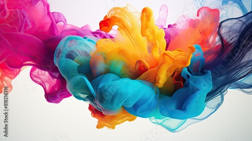 Macro shot of colorful ink swirling in water forming abstract wave shapes