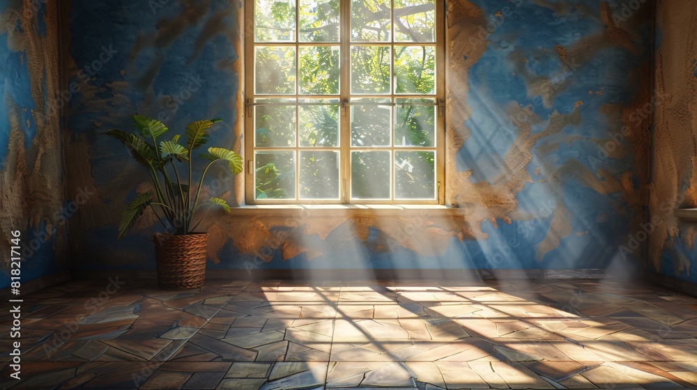 room with a window and a plant
