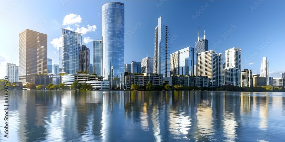 Urban skyline with modern highrises and mirrored windows on a sunny day. Concept Urban Skyline, Modern Highrises, Mirrored Windows, Sunny Day