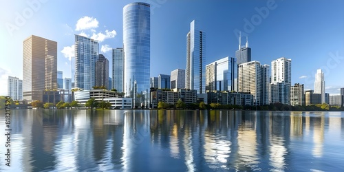 Urban skyline with modern highrises and mirrored windows on a sunny day. Concept Urban Skyline, Modern Highrises, Mirrored Windows, Sunny Day photo