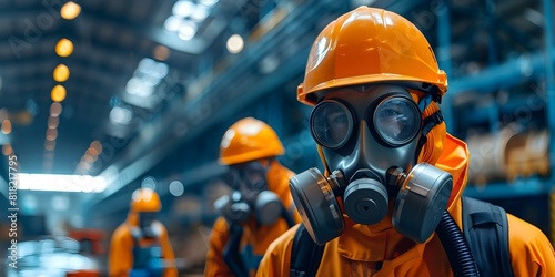 Technicians in gas masks assess toxic spills in an industrial warehouse. Concept Industrial Safety, Hazard Response, Chemical Spills, Protective Gear, Warehouse Inspection