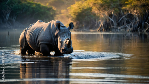 a herd of rhinos was bathing in the lake