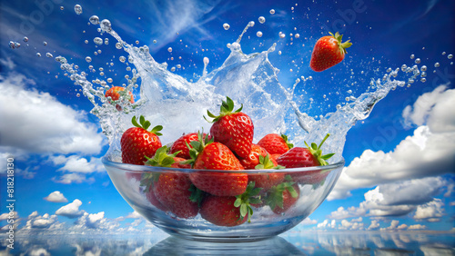 A handful of ripe strawberries dropped into a bowl of water, creating a burst of vibrant red against a background of fluffy white clouds floating in a clear blue sky