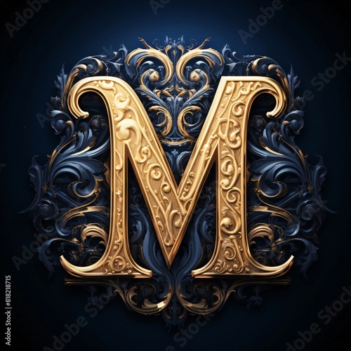 Vector royal letter M with gold ornament on black background. 3d