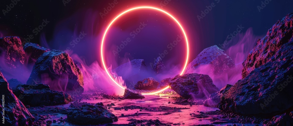 3d render round portal neon light virtual reality energy source glowing round frame in abstract cosmic landscape background