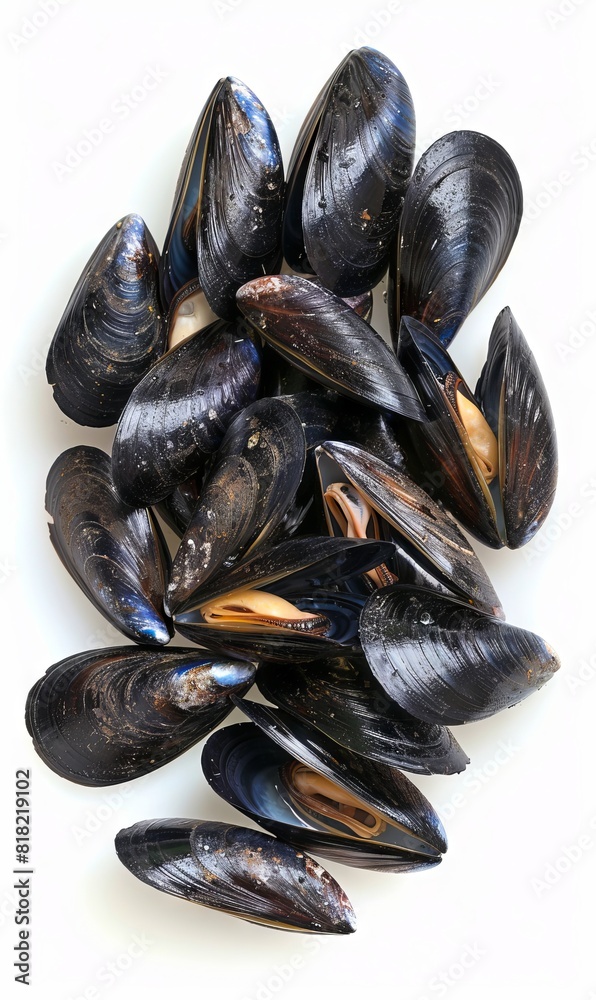 A pile of black mussels on a white background. A pile of black mussels on a white background.